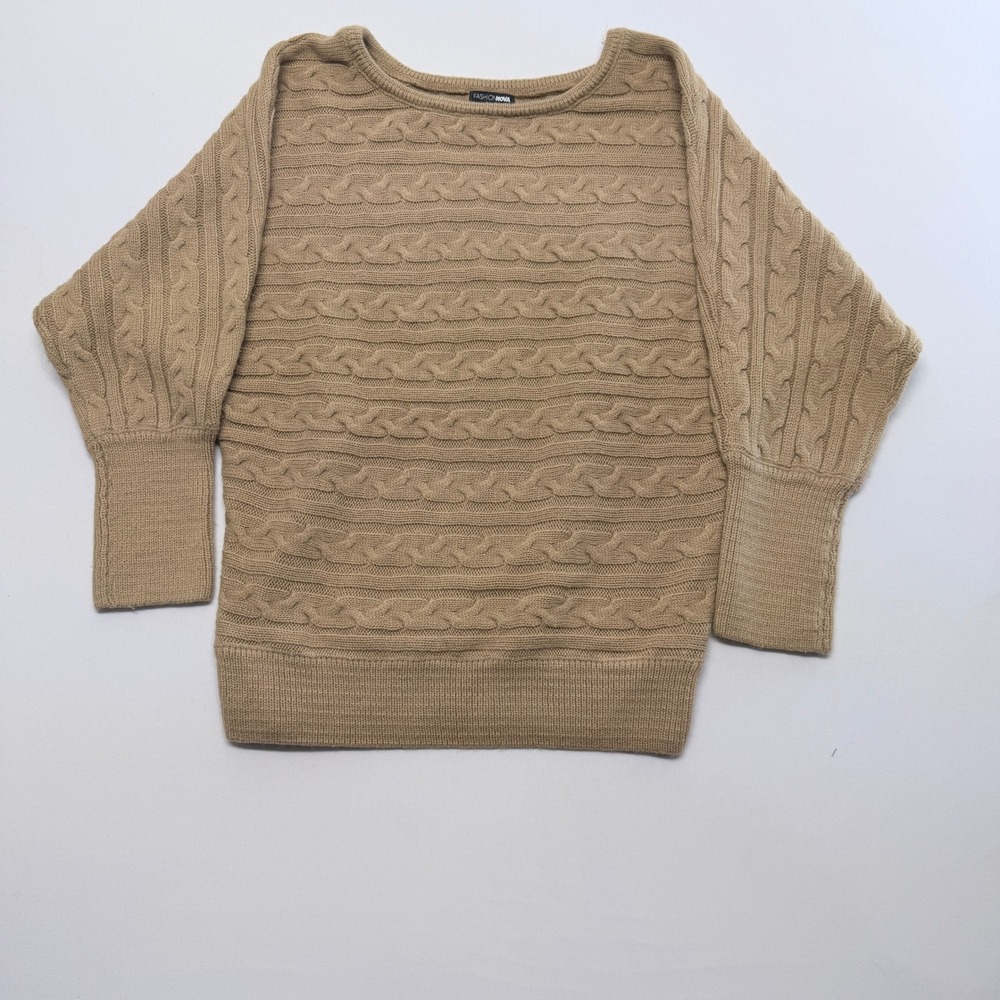Fashion Nova Tan Cable Knit Dolman Sleeve Scoop Neck Sweater Large